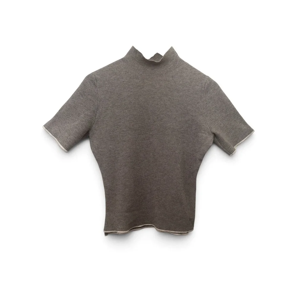 Zara Knit Womens Grey Mock Neck Short Sleeve Sweater Contrast Trim Large